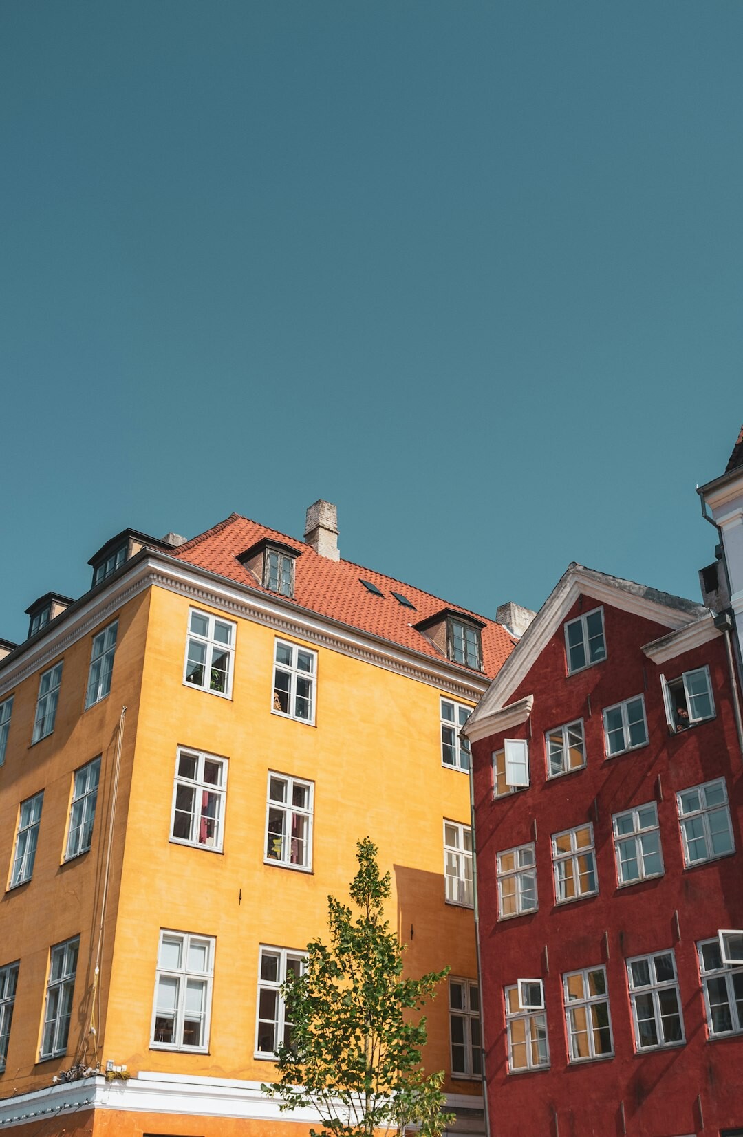 Street view of colorful traditional houses in a Danish town