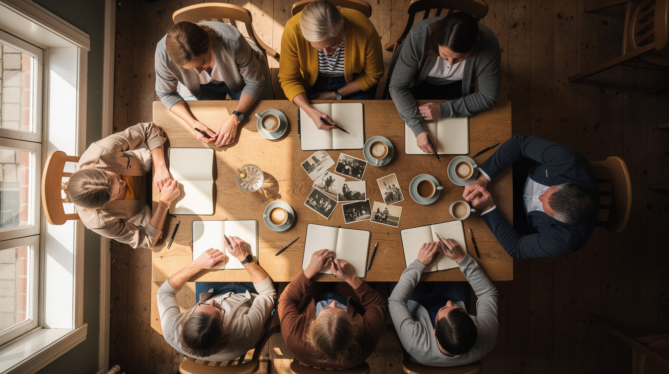 Overhead view of people gathered around a table sharing stories over coffee